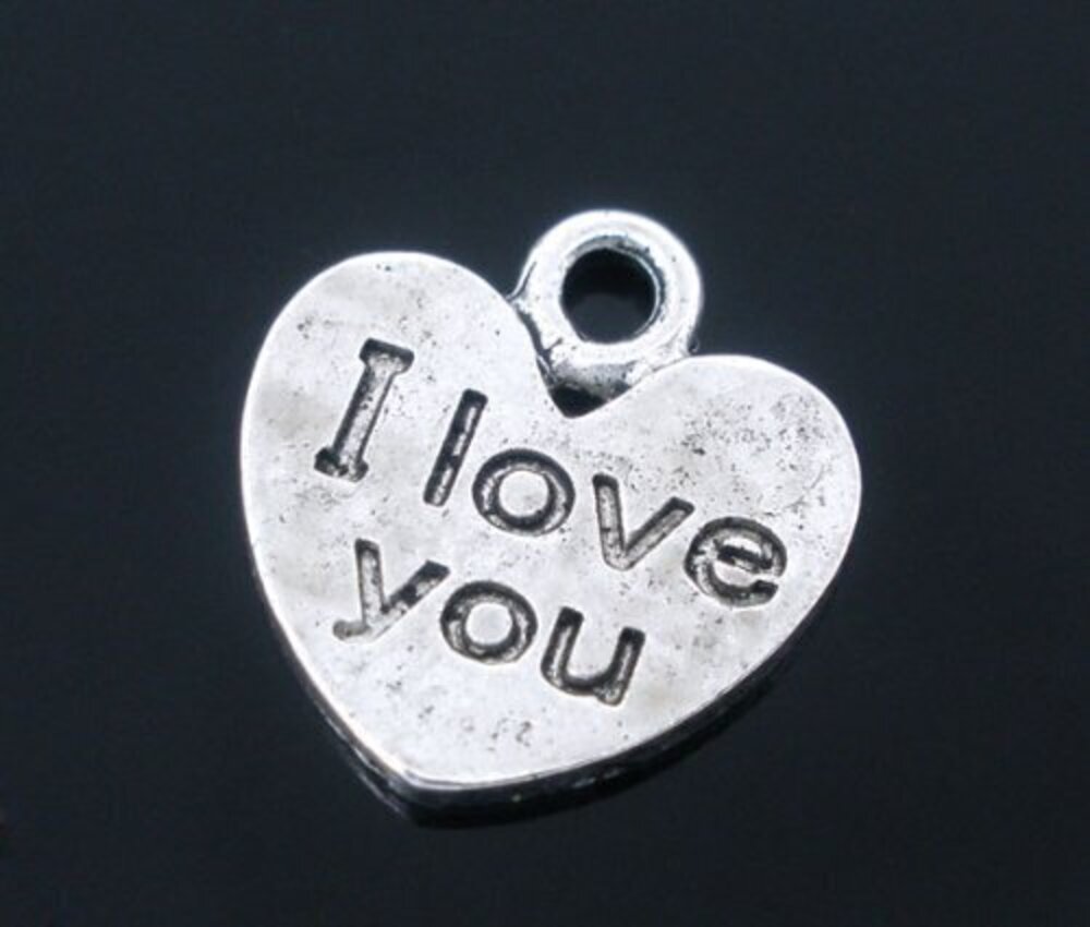 1012 50pc Antiqued Silver Alloy Message I Love You Heart Charms Pendants